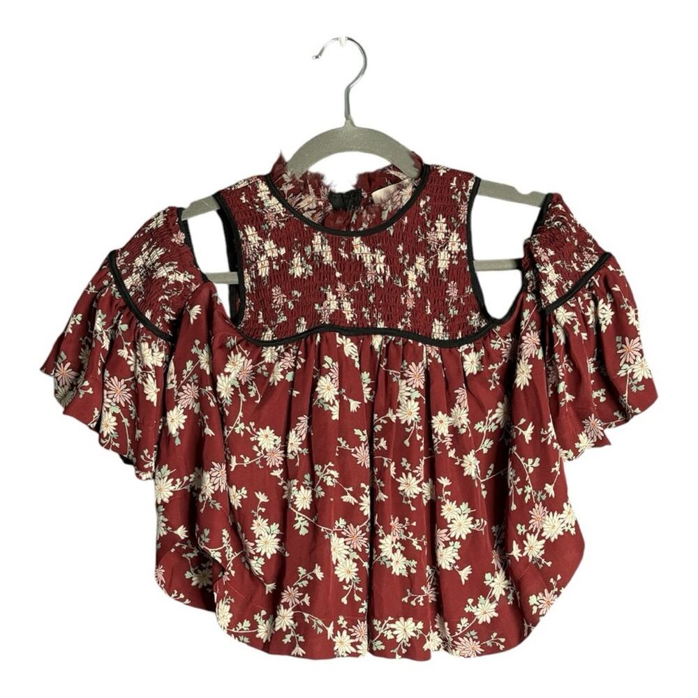 Cinq a Sept Dark Purple Floral Cropped Cold Shoulder Top Smocked Detail XS